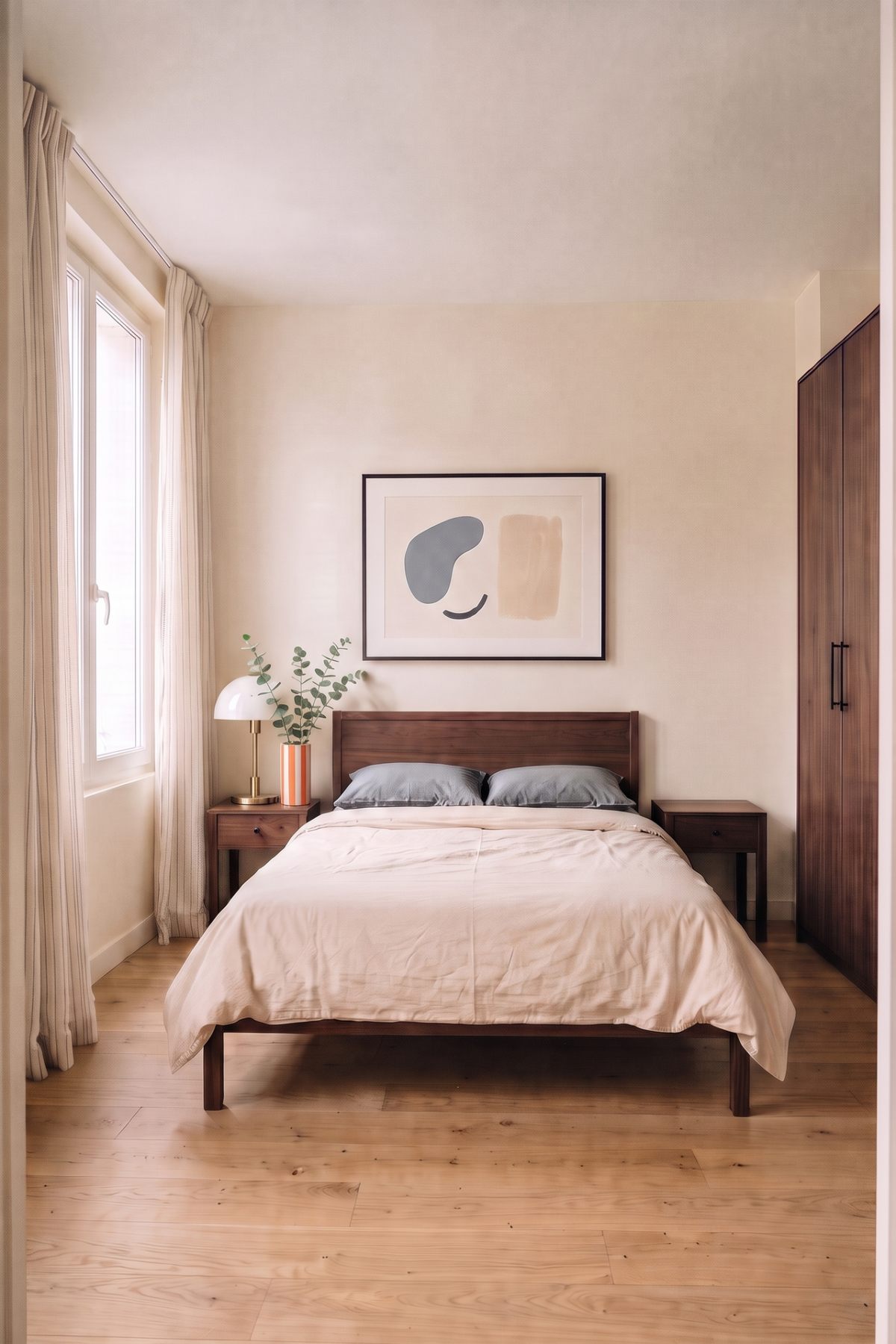 Chambre aux meubles foncés avec lampe Art Déco, vase rayé orange et écru garni d’eucalyptus, rideaux à fines rayures et tableau abstrait
