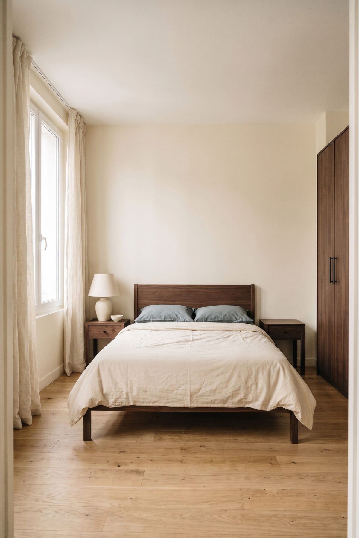 Chambre relookée avec lit et armoire en noyer foncé conservés