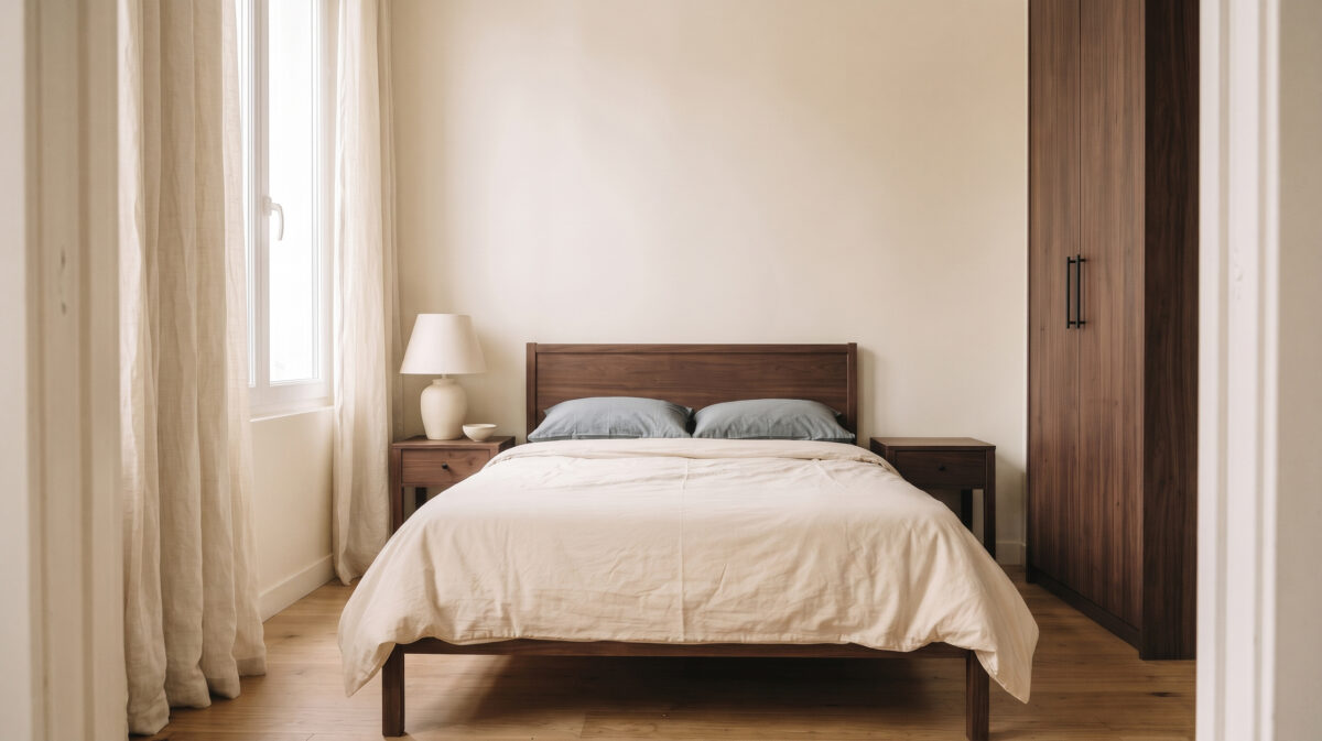 Chambre relookée avec meubles foncés et linge de lit clair