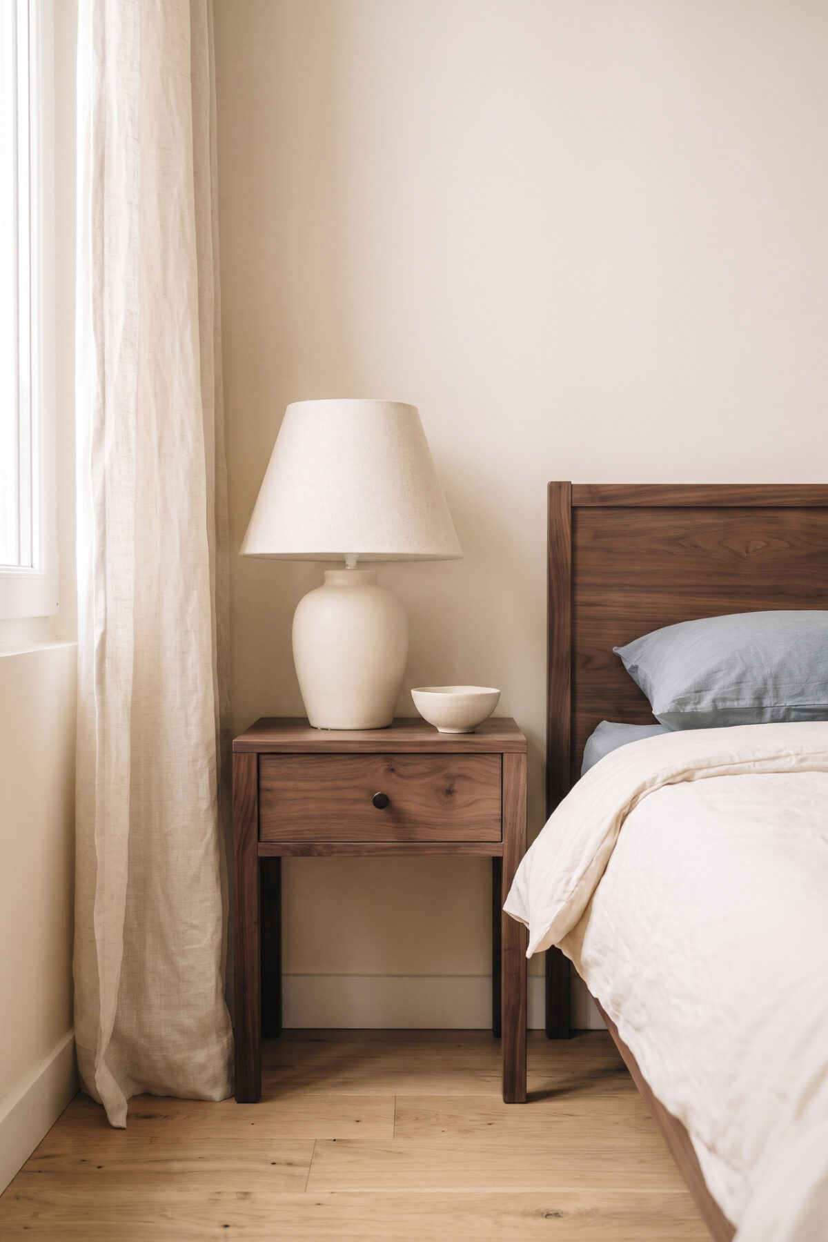 Chevet en noyer foncé avec lampe écrue et coupelle en céramique