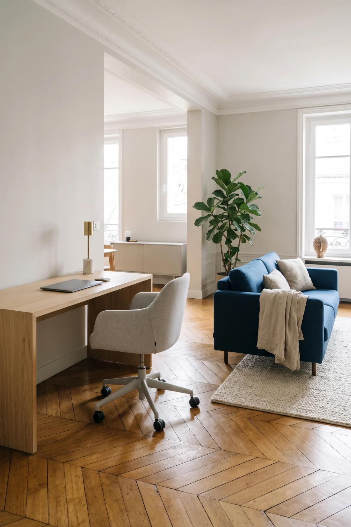 Coin bureau avec chaise reculée et passage dégagé près d’un canapé bleu