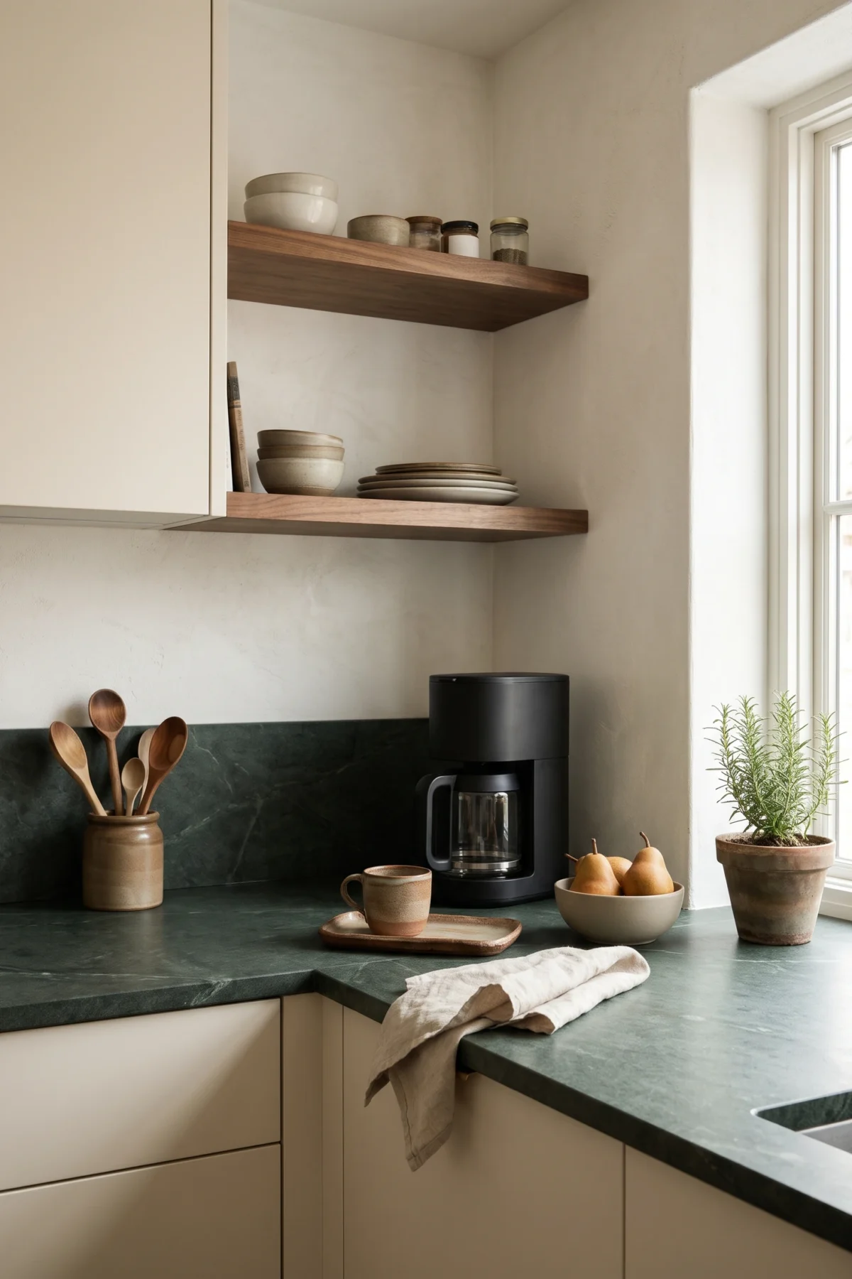 Coin petit-déjeuner de cuisine avec cafetière et tasse en céramique