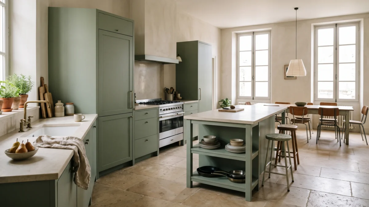 Cuisine contemporaine vert sauge avec îlot en pierre et coin repas lumineux