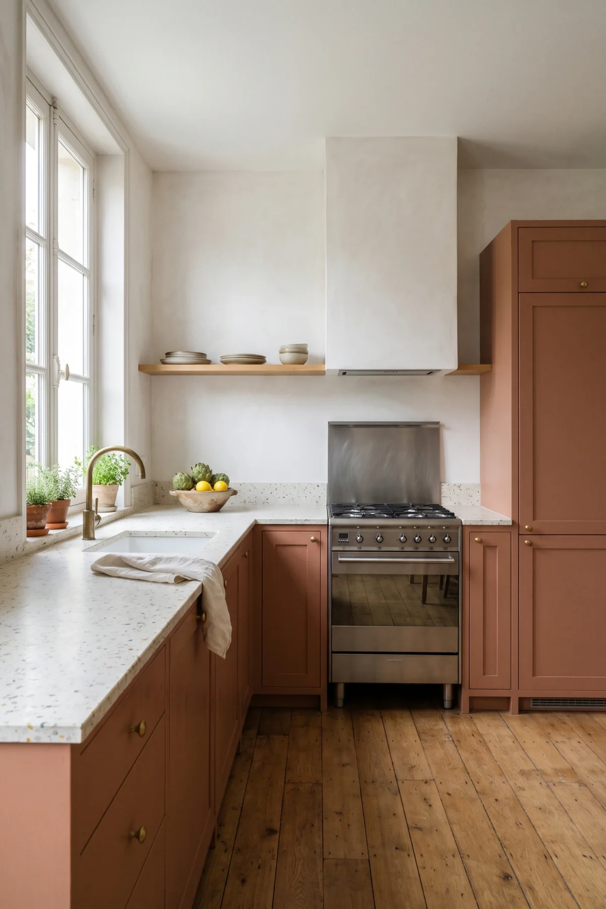 Cuisine en L terracotta avec cuisinière et plan de préparation dégagé
