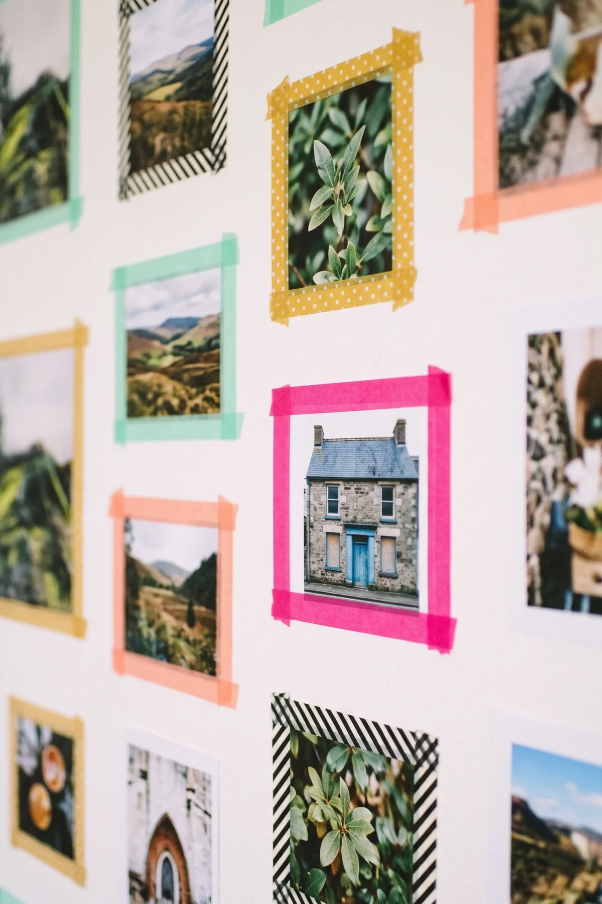 Détail de photographies bordées de masking tape rose menthe jaune et rayé