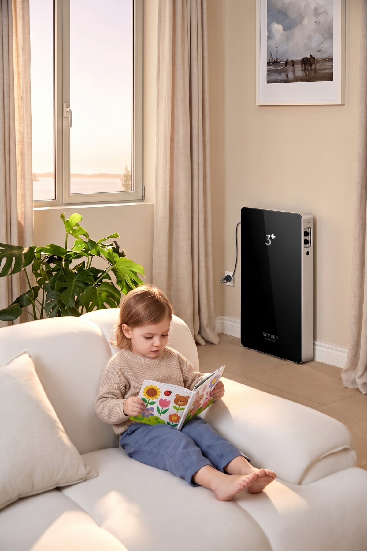 Jeune enfant lisant un livre illustré sur un canapé blanc, près d’une batterie SAMDUO NEX E6000 et d’une fenêtre contemporaine aux rideaux longs