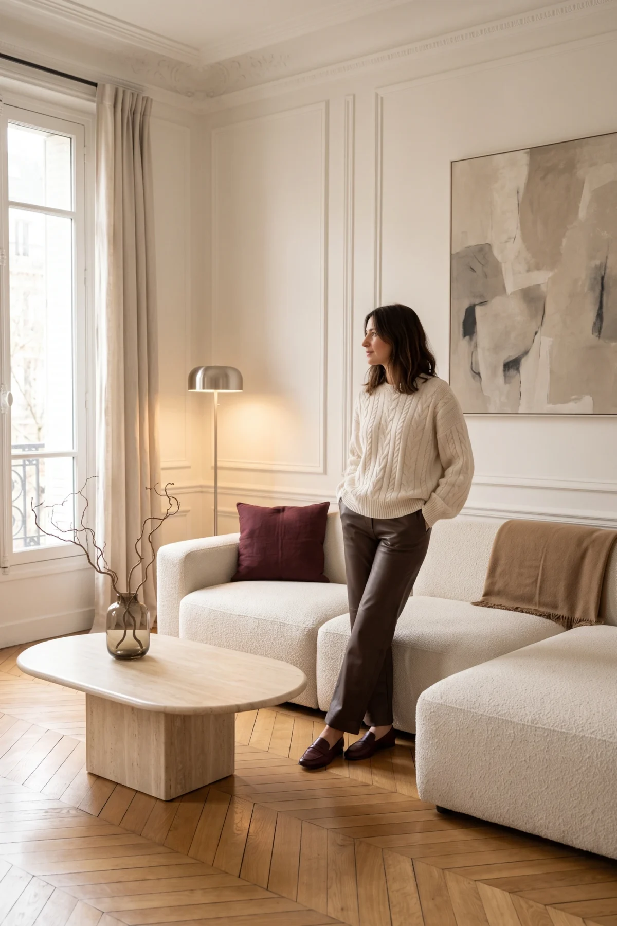 Femme en pull en maille écrue et pantalon en cuir chocolat, adossée à un canapé écru dans un salon parisien aux moulures blanches.