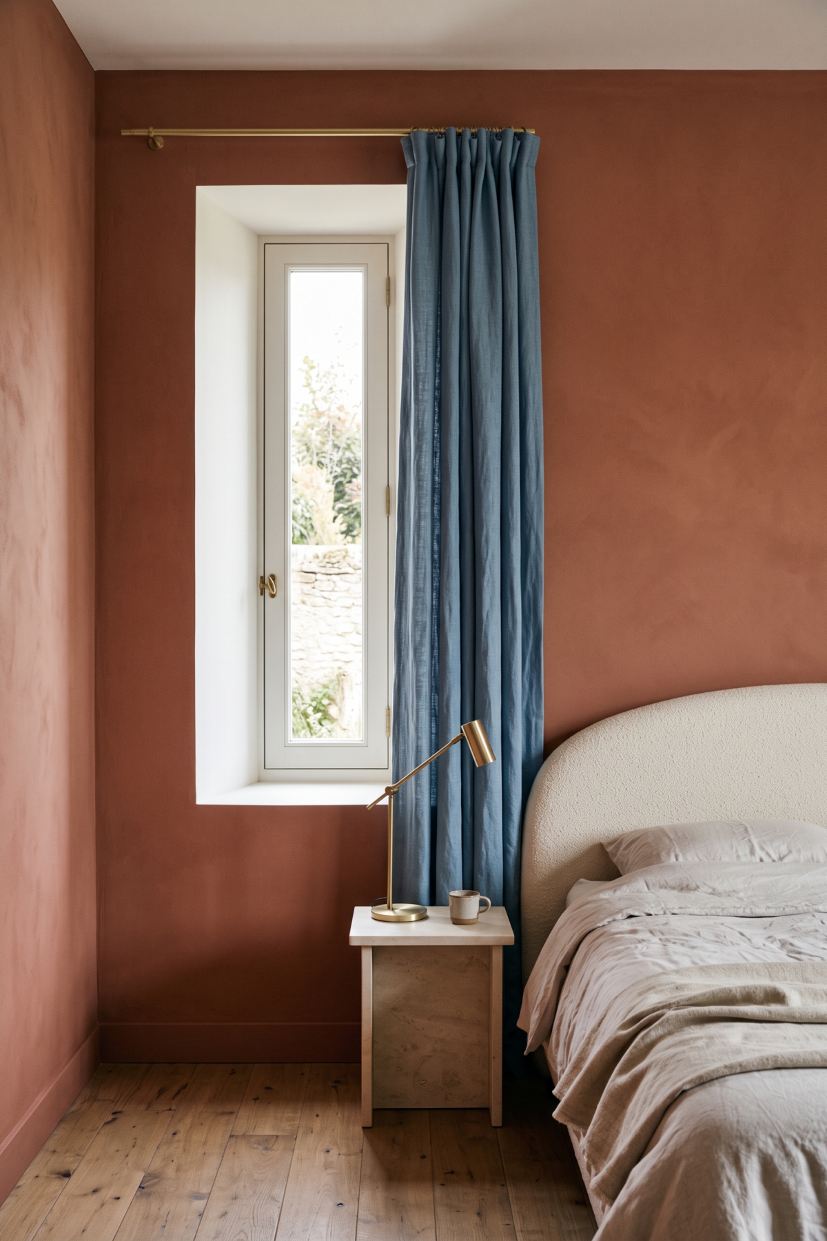 Fenêtre étroite avec rideau bleu tiré sur le côté dans une chambre aux murs terracotta