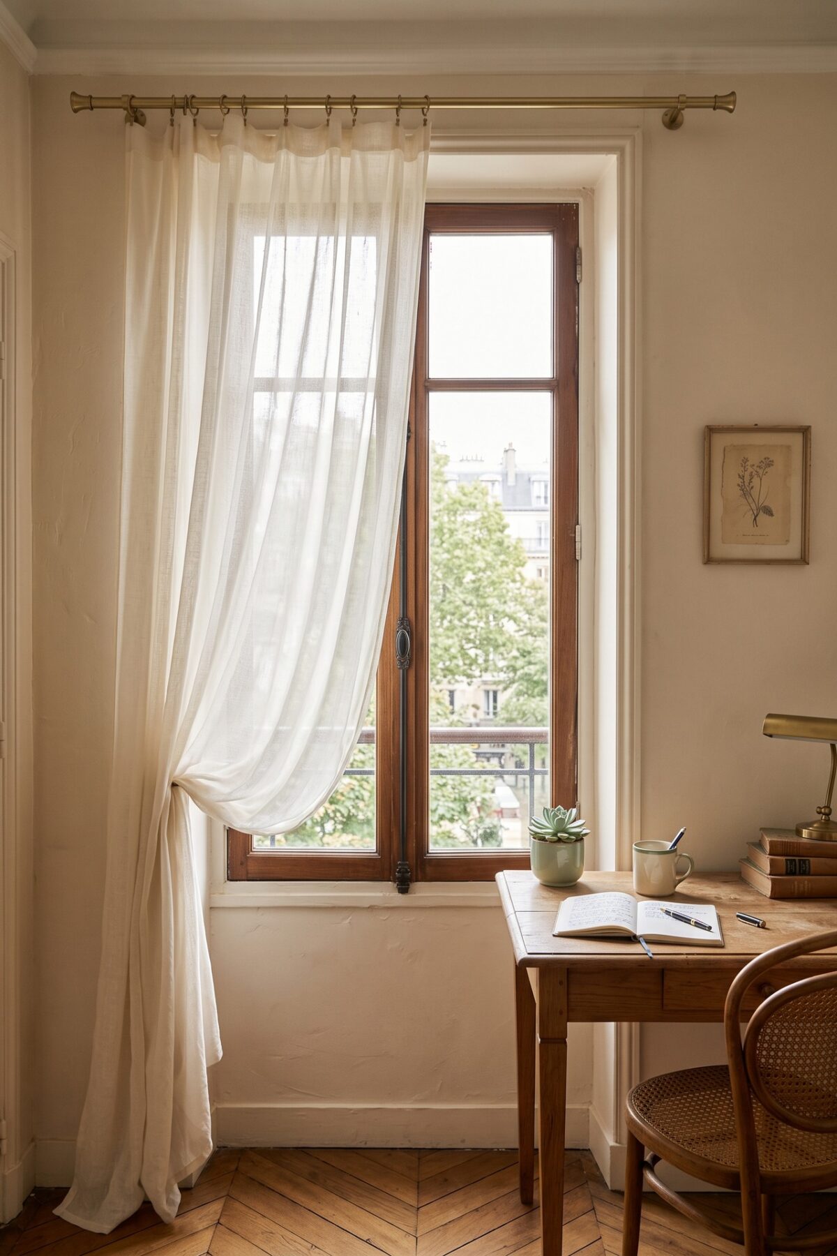 Un voilage blanc entrouvert laisse passer la lumière devant une fenêtre étroite près d’un bureau