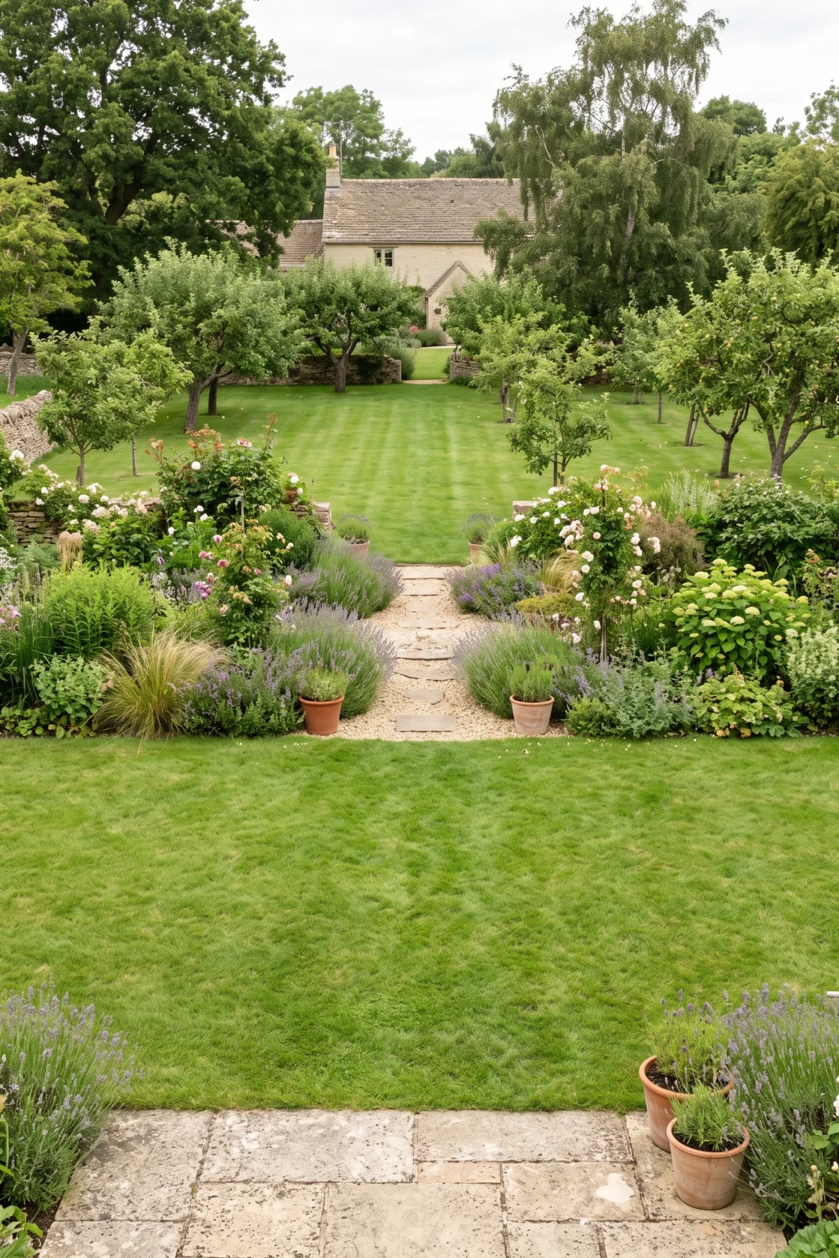 Grand jardin avec deux zones de pelouse séparées par une allée et des massifs plantés.