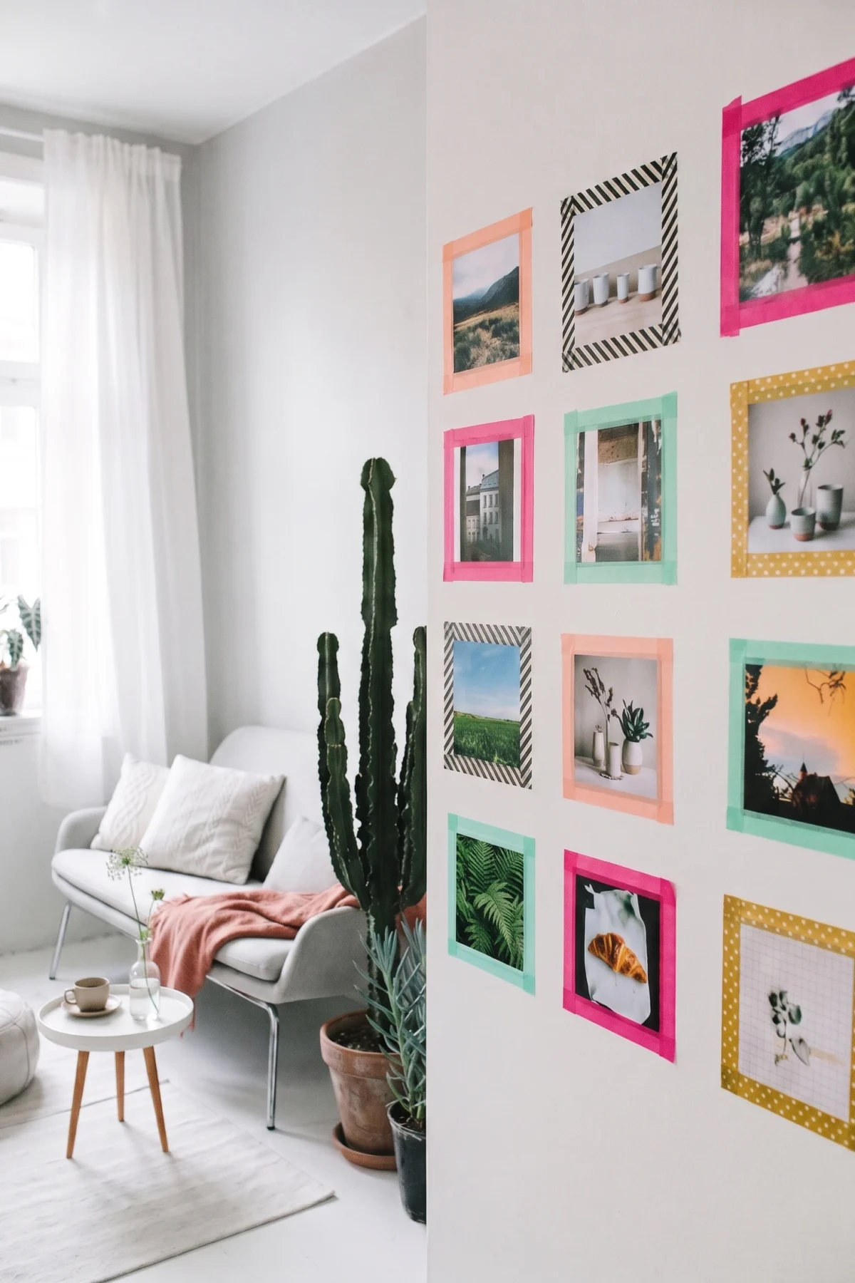 Grand mur de photos au masking tape coloré dans un salon clair