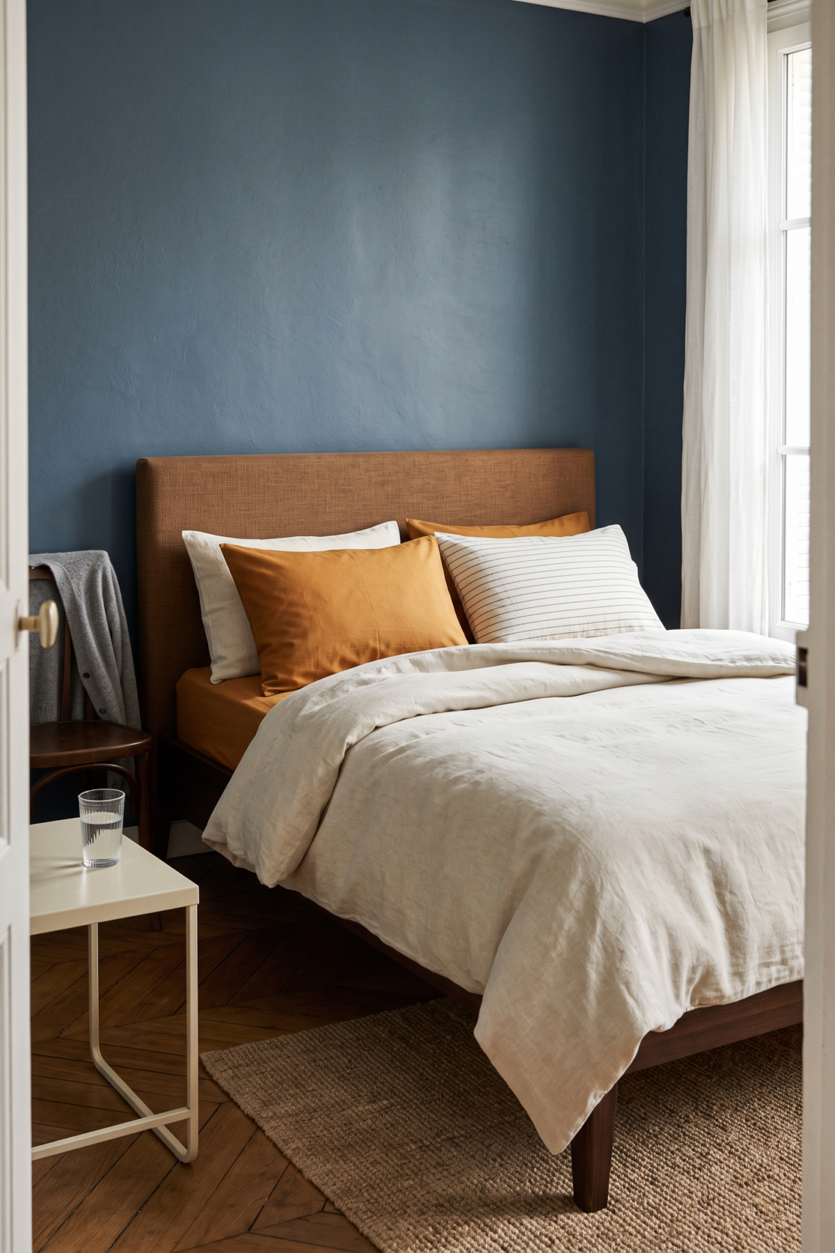 Housse écrue et taies ocre et rayées dans une chambre aux murs bleu ardoise