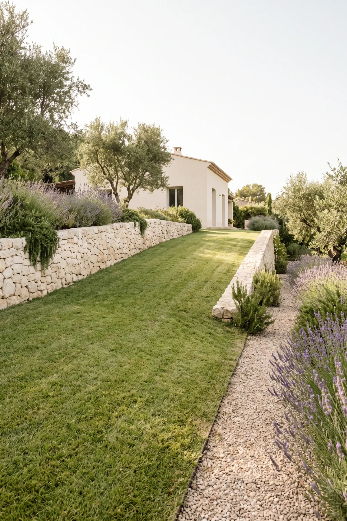 Jardin méditerranéen en pente avec pelouse, muret de pierre, oliviers et lavandes.