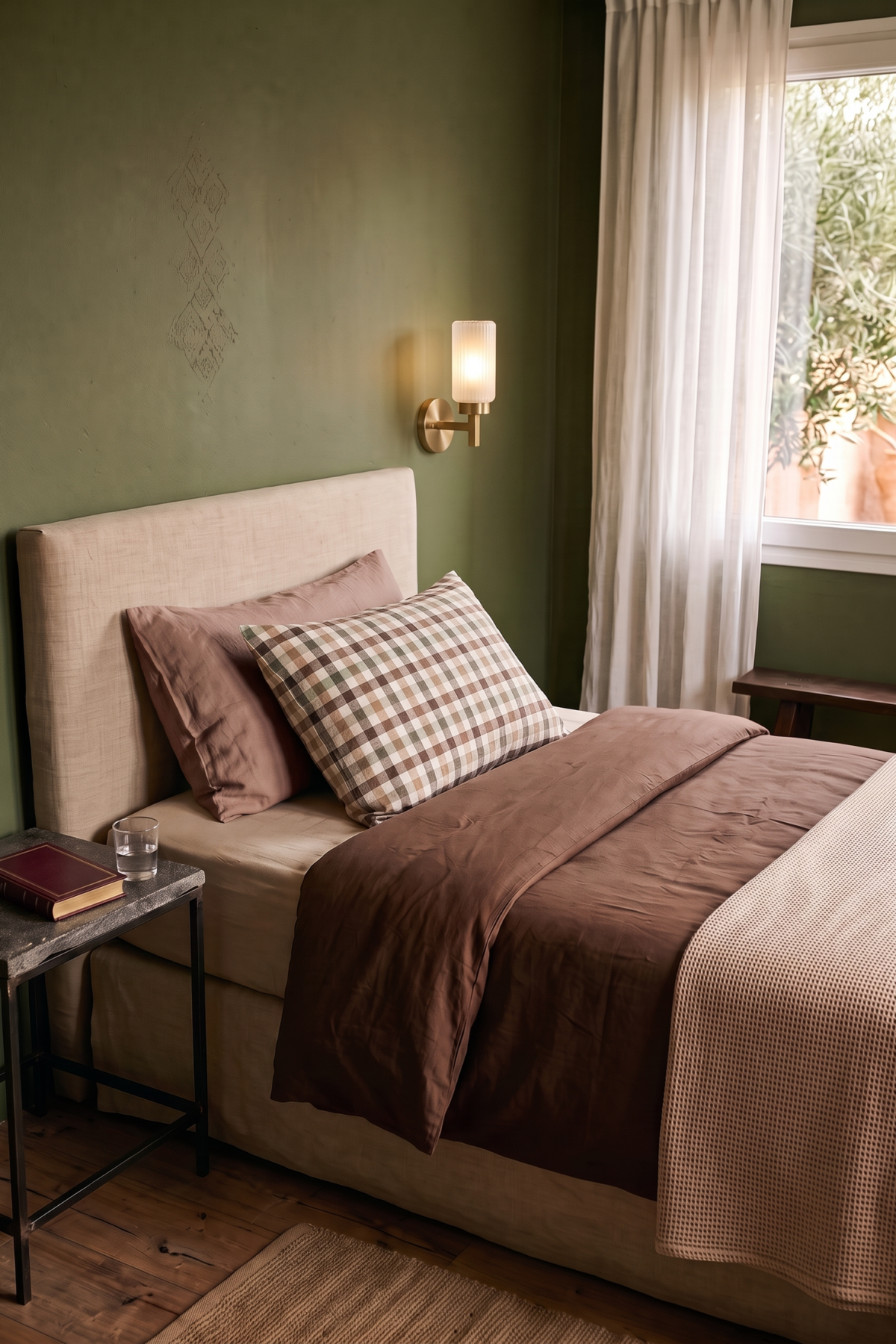 Lit chocolat et olive avec coussin beige bordeaux, roman relié et applique Art déco en verre et laiton
