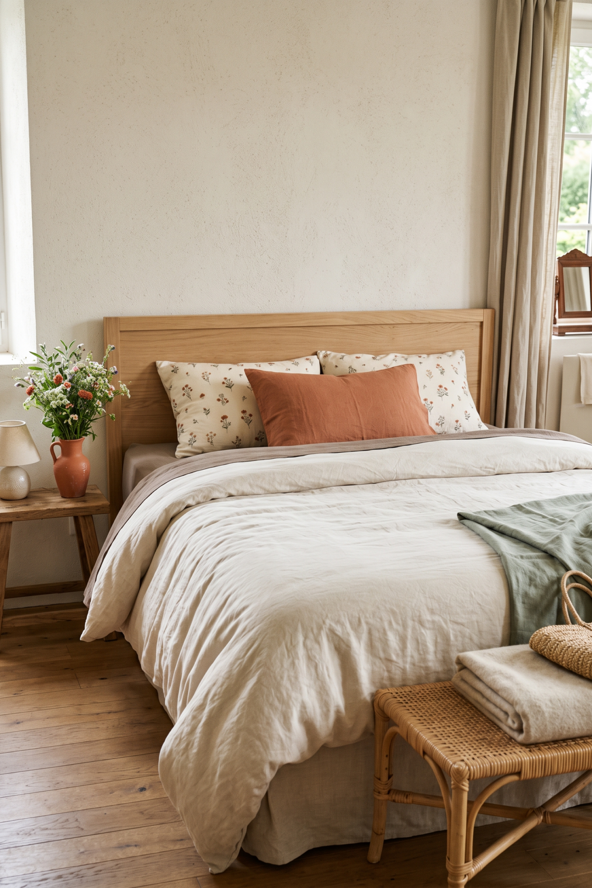 Lit écru avec taie fleurie terracotta et taie unie dans une chambre de campagne