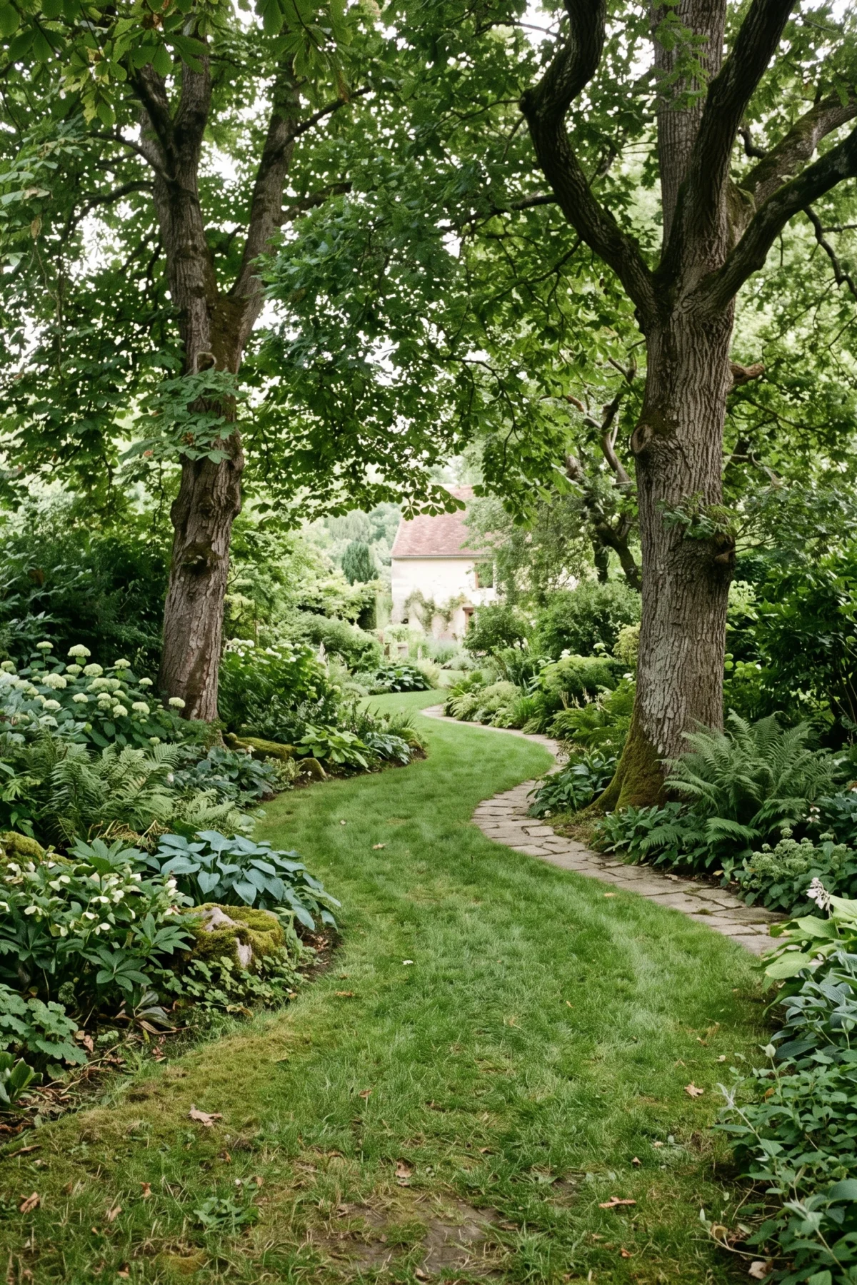 Pelouse sinueuse sous de grands arbres avec massifs ombragés et allée de pierre.