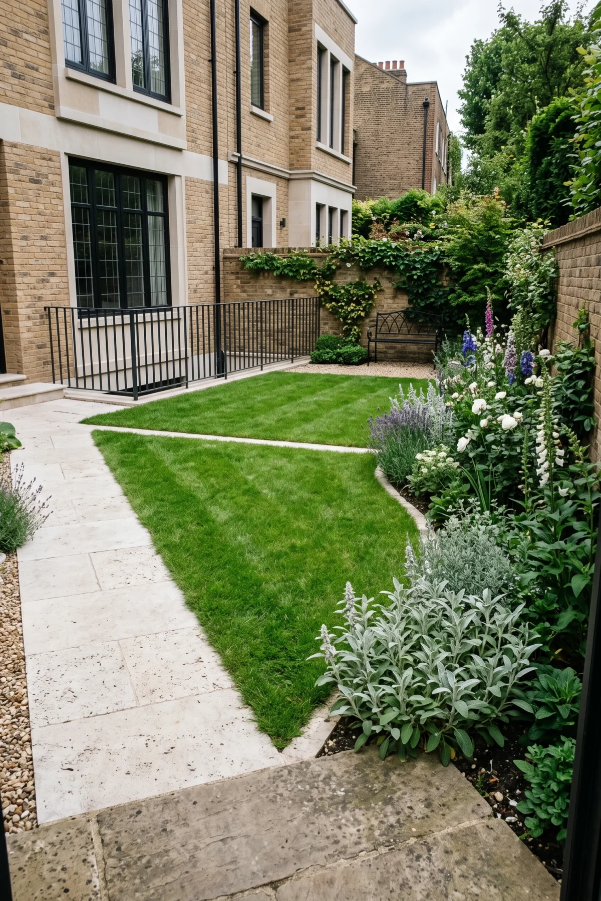 Petit jardin urbain avec pelouse bordée de dalles claires, massifs fleuris et clôture.