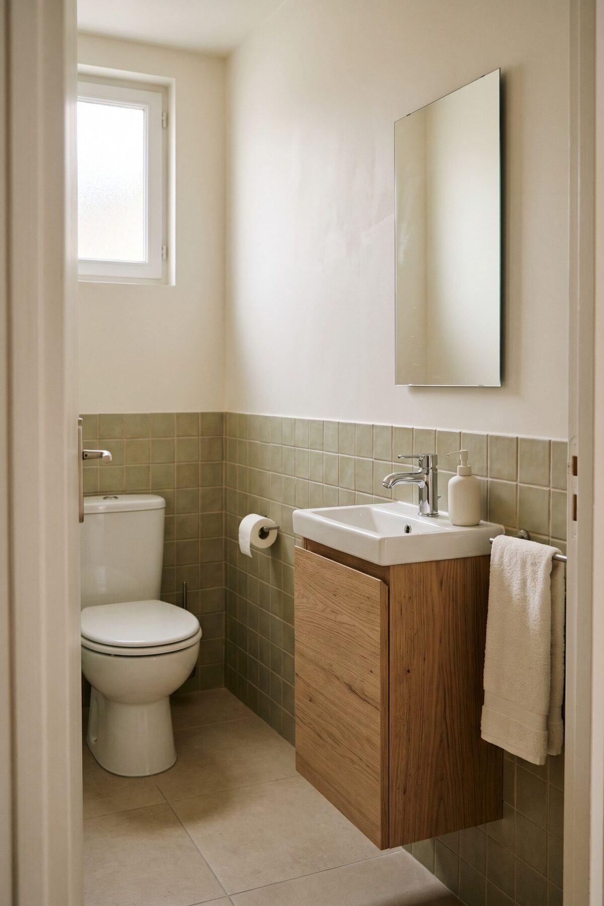 Petite salle de bains propre avec savon et serviette pour les invités