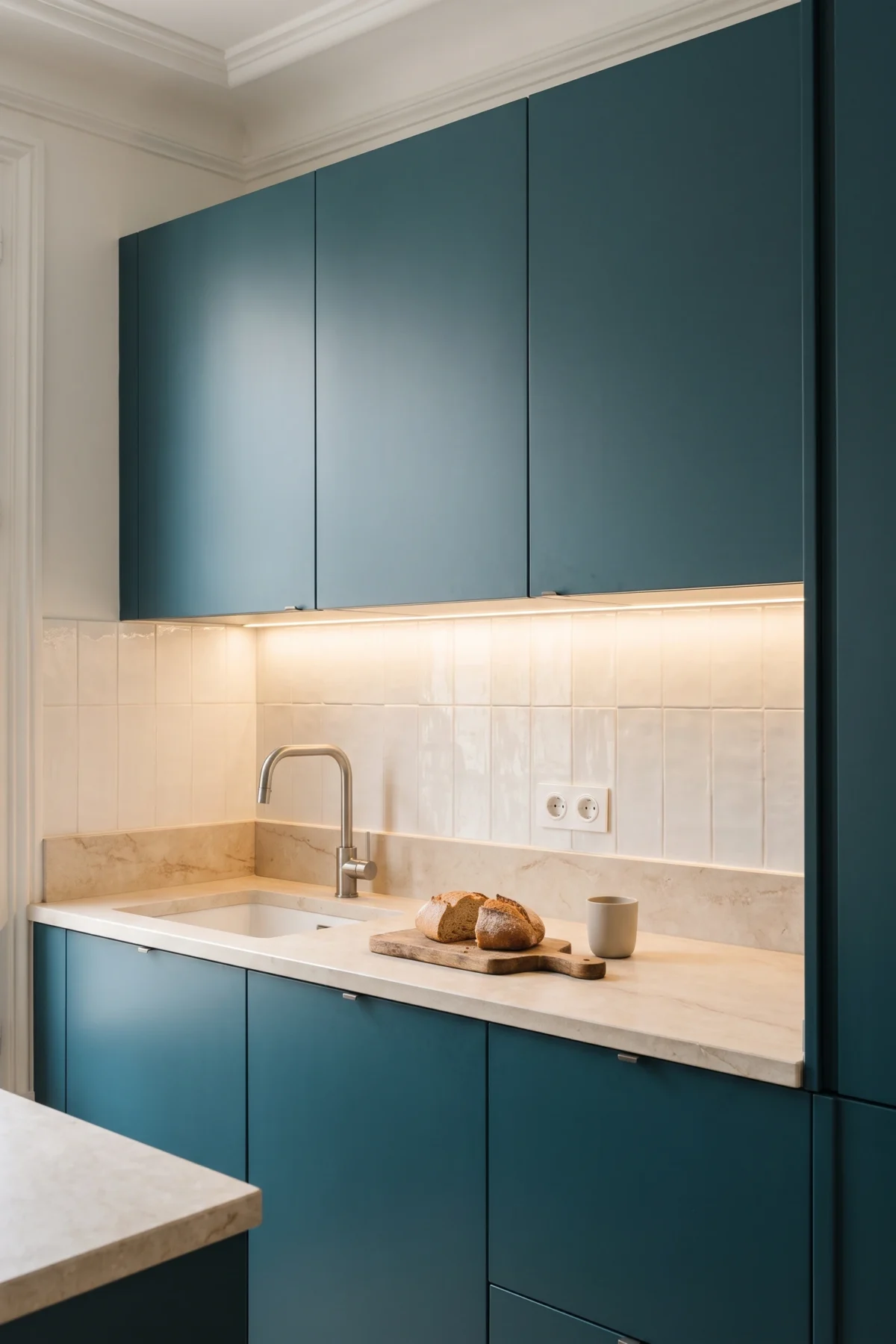 Plan de travail éclairé sous des meubles hauts dans une cuisine bleue