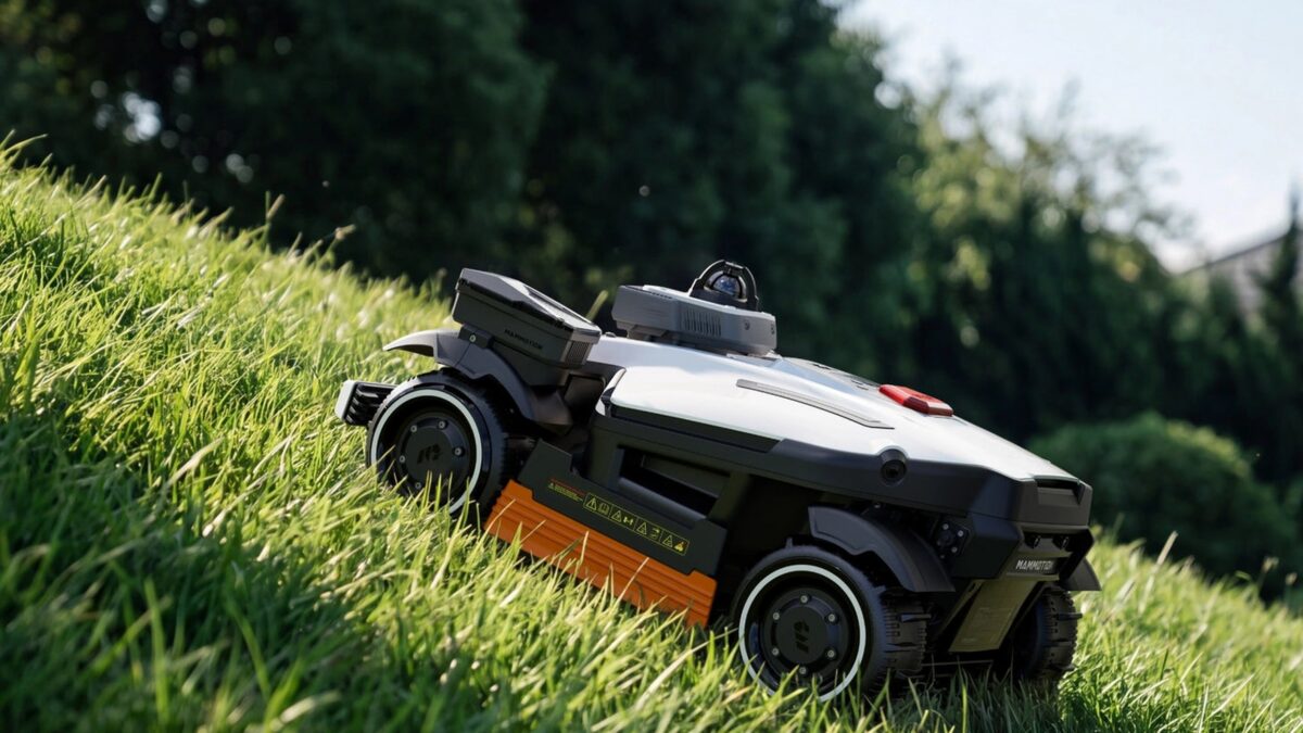 Robot tondeuse Mammotion blanc et noir avec module de coupe orange sur une pelouse en pente