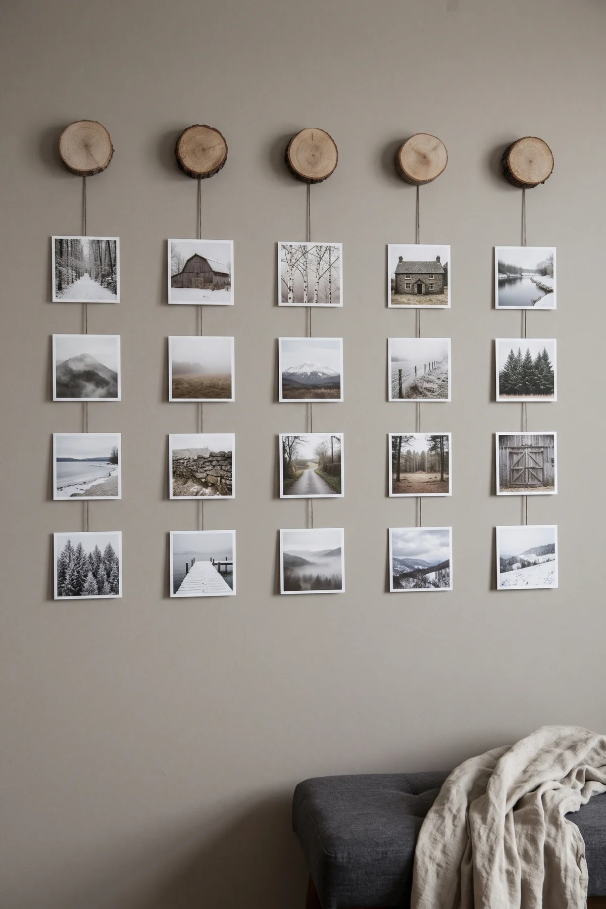 Rondelles de bois au mur et photos carrées suspendues sur des fils verticaux
