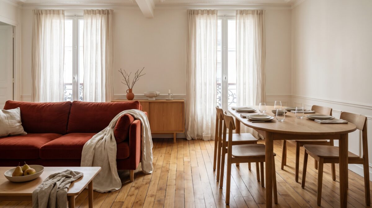 Salon et salle à manger chaleureux préparés pour recevoir des amis