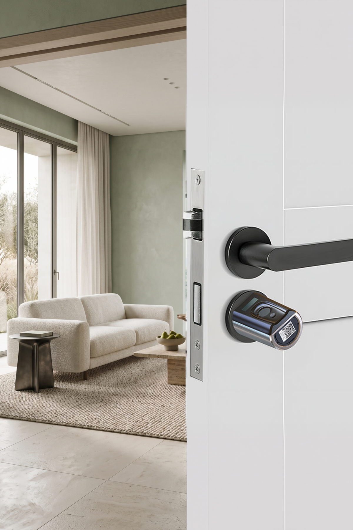 Serrure WELOCK Touch41 sur une porte blanche avec poignée noire devant un salon vert sauge