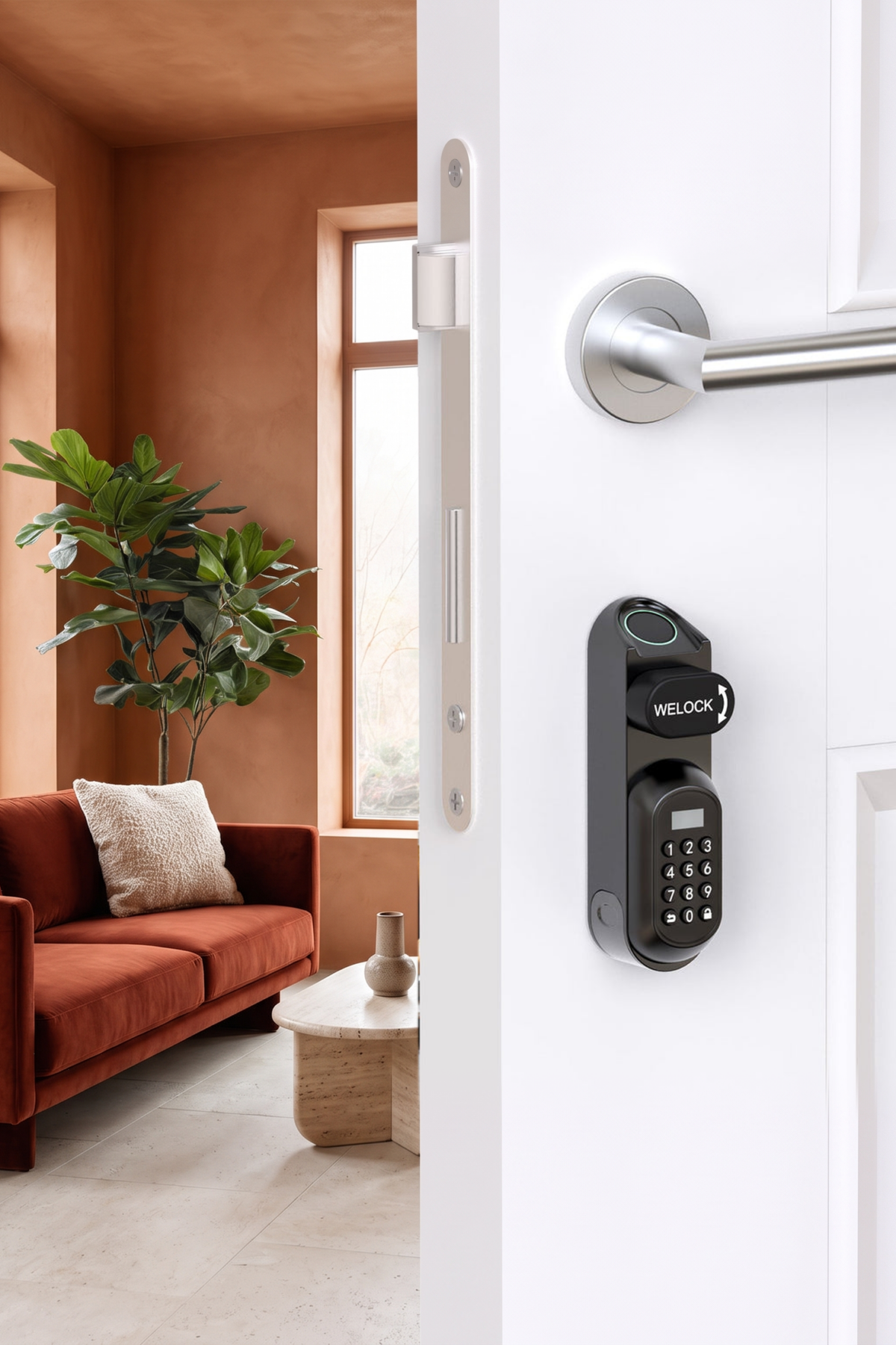 Serrure WELOCK U81 sur une porte blanche devant un salon aux tons terre cuite
