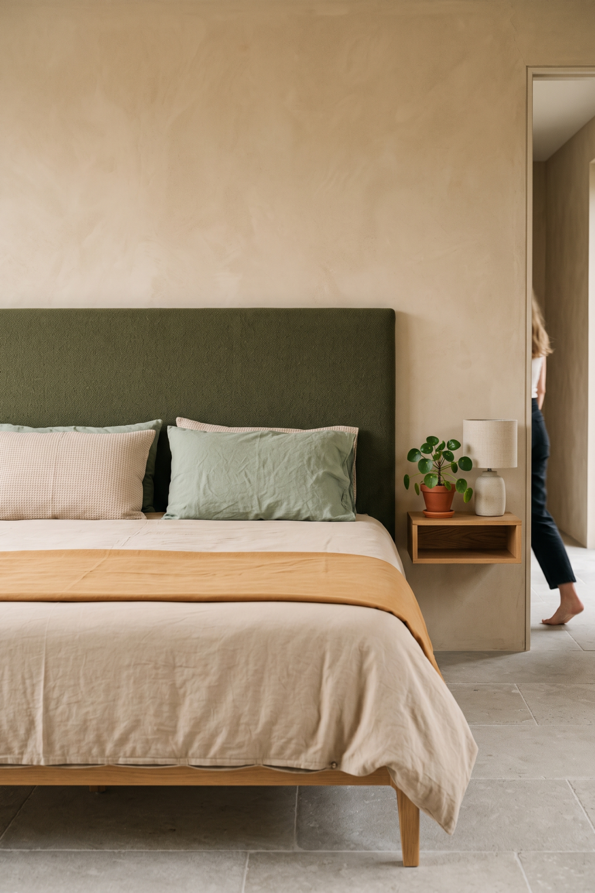 Taies gaufrée beige et vert sauge devant une tête de lit olive