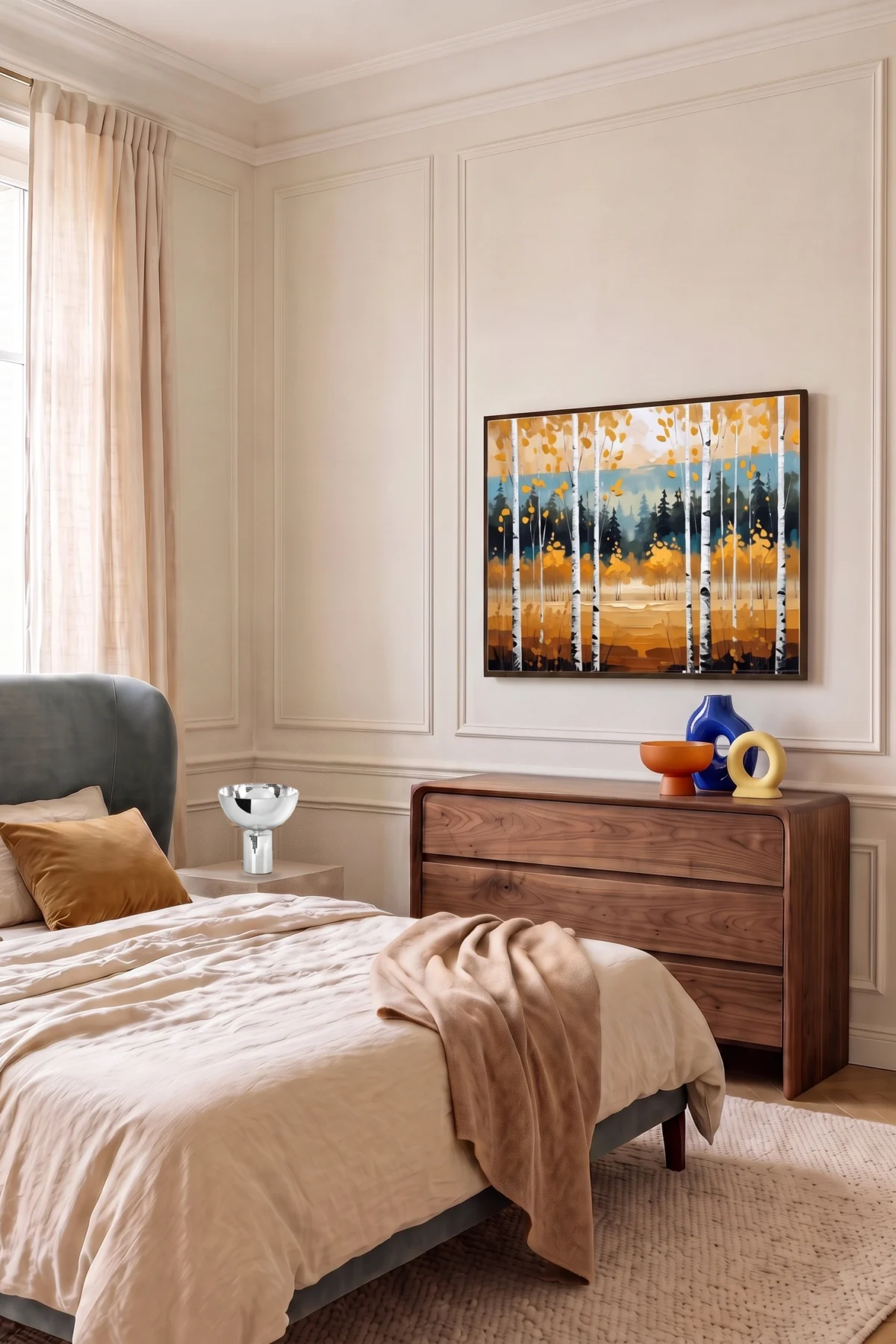 Tableau de bouleaux en automne centré au-dessus d’une commode en noyer dans une chambre à moulures